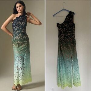 Anthropologie Eliatt Green/Blue Ombre One-Shoulder Sheer Lace Side-Slit Dress